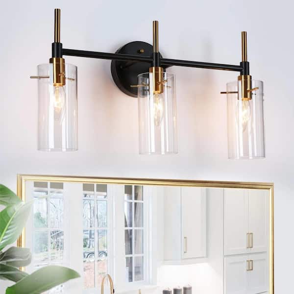 19.5 in. 3-Light Modern Brass Vanity Light, DIY Black Industrial Bathroom Wall Sconce with Cylinder Clear Glass Shades