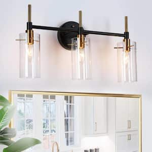 19.5 in. 3-Light Modern Brass Vanity Light, Black Industrial Bathroom Wall Sconce with Cylinder Clear Glass Shades