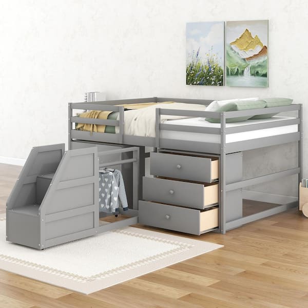 Harper & Bright Designs Gray Full Size Functional Loft Bed with Cabinets, Drawers and Staircase