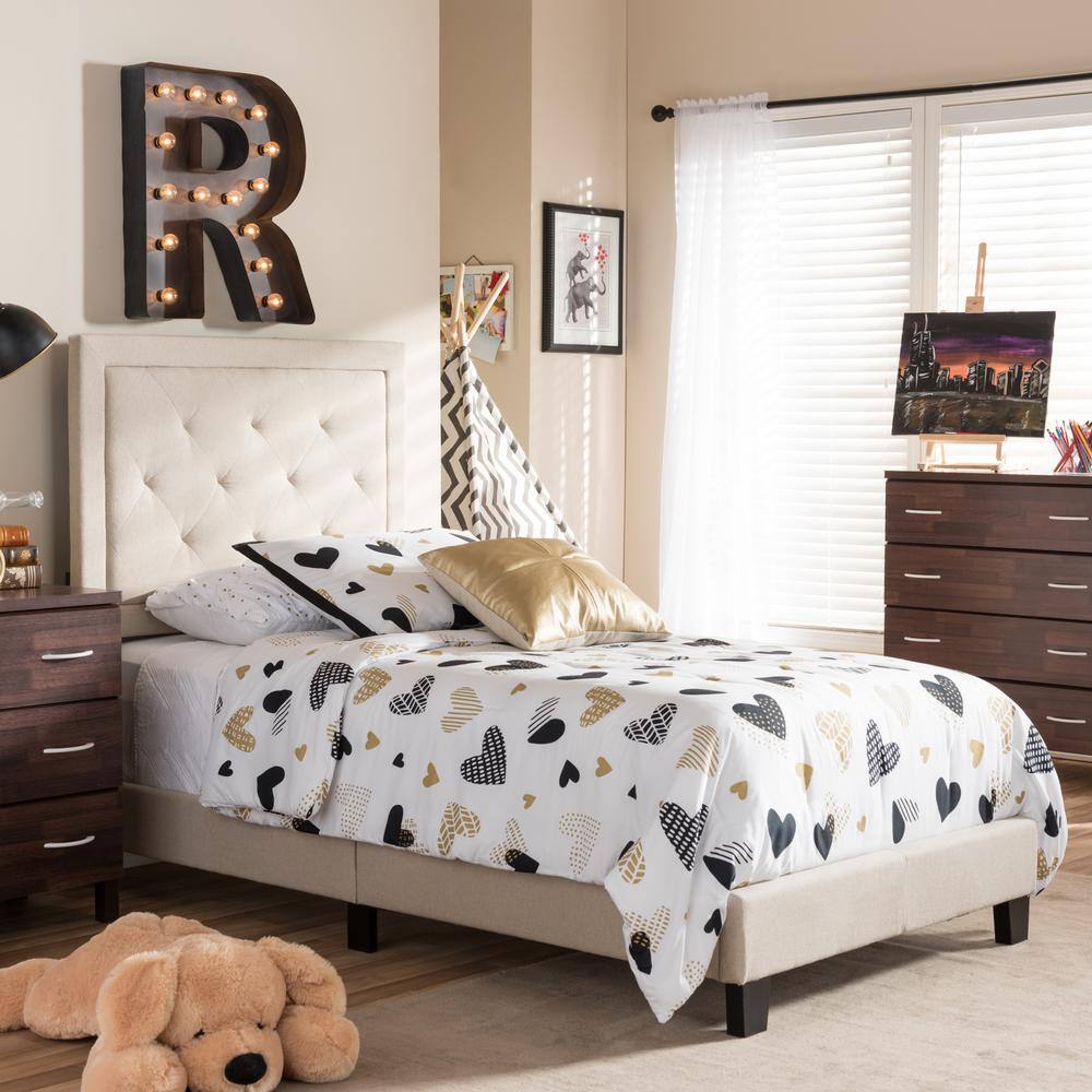 Modern Beige Linen Twin Platform Bed with Diamond Tufting