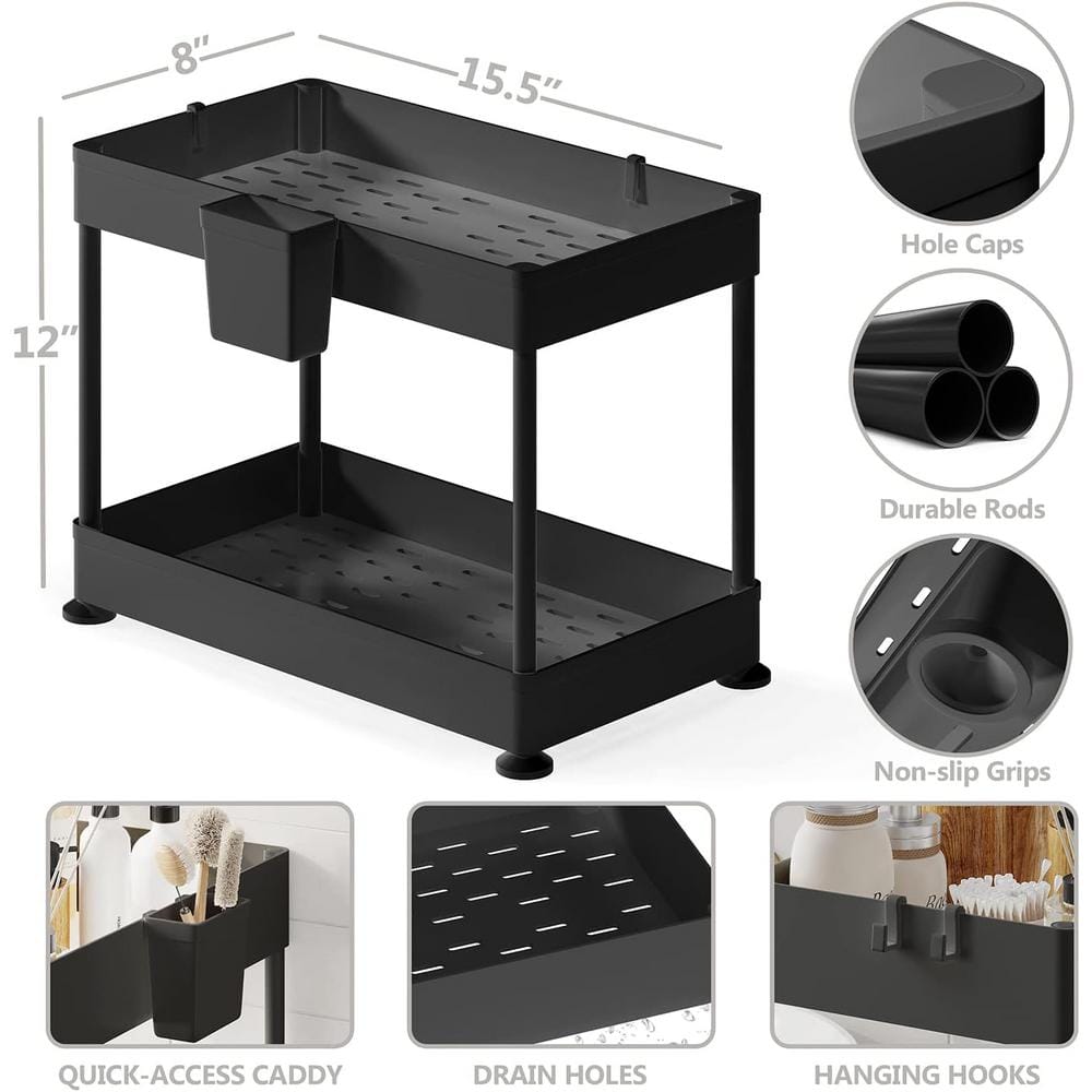 StorageBud Non-Slip Grip Kitchen Under Sink Organizer - Bathroom Cabinet Organizer with Side Caddy