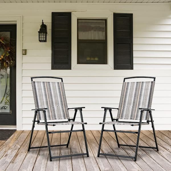 Set of 2 Metal Patio Folding Sling Chairs Space-saving Dining Chair-Gray