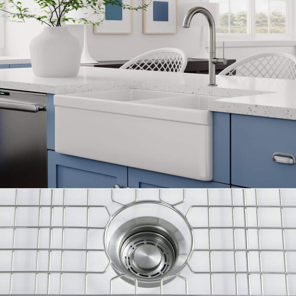 Luxury 33 in. Farmhouse/Apron-Front Double Bowl White Solid Fireclay Kitchen Sink with Stainless Steel Accs -  Fossil Blu, WHS1012SS