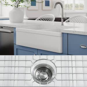 Luxury 33 in. Farmhouse/Apron-Front Double Bowl White Solid Fireclay Kitchen Sink with Stainless Steel Accs