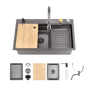 30 in Drop-In Single Bowl Black Stainless Steel Multifunctional Workstation Waterfall Kitchen Sink with Cutting Board