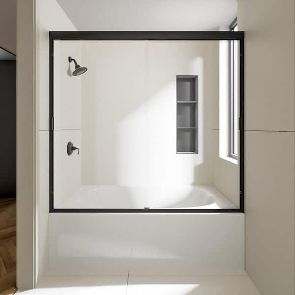Apex 60 in. W x 56 in. H Sliding Semi-Frameless Tub Door in Matte Black Finish with Clear Glass