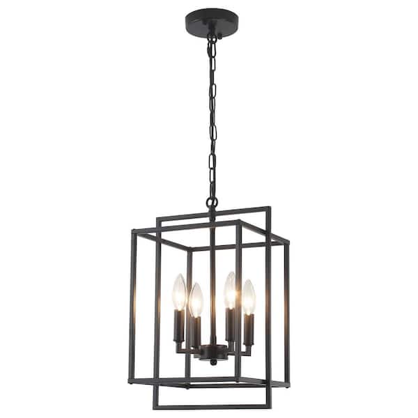ADSENSTY 4-Light Black Modern Geometric Rectangle Lantern Hanging Ceiling Chandelier Kitchen Island Pendant Light