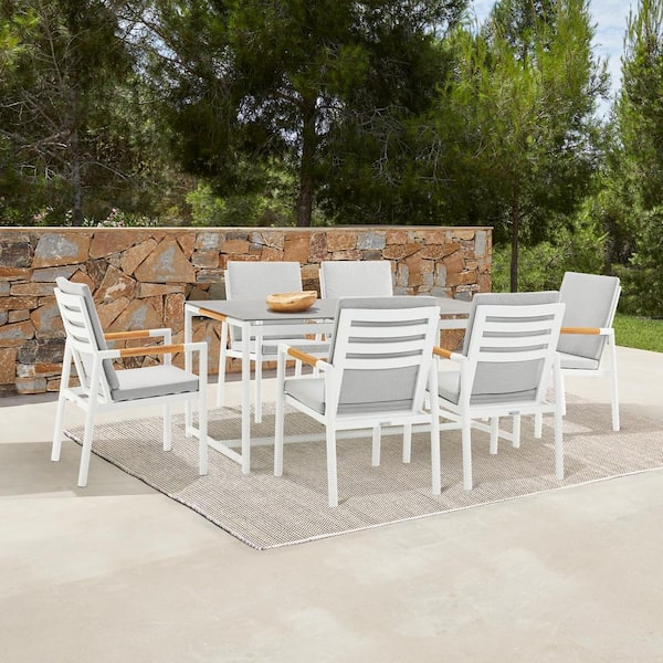 Armen Living Royal White 7-Piece Aluminum Rectangle Outdoor Dining Set with Cushions