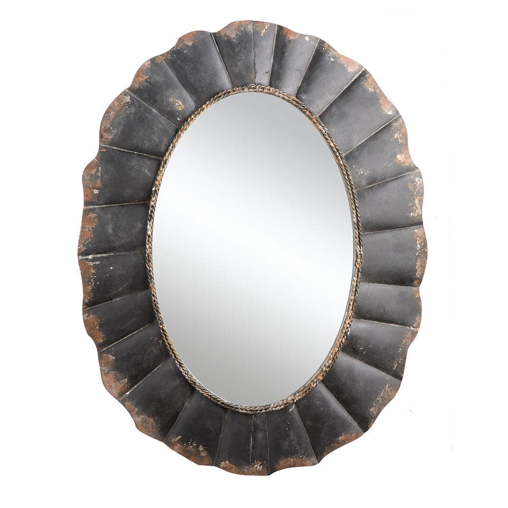 Woven Paths 23.5  x 31  Oval Distressed Metal Framed Mirror  Black