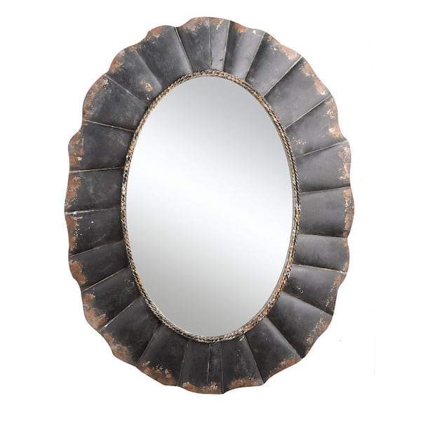 Storied Home 23.5 in. W x 31 in. H Metal Distressed Black Scalloped Oval Decorative Mirror