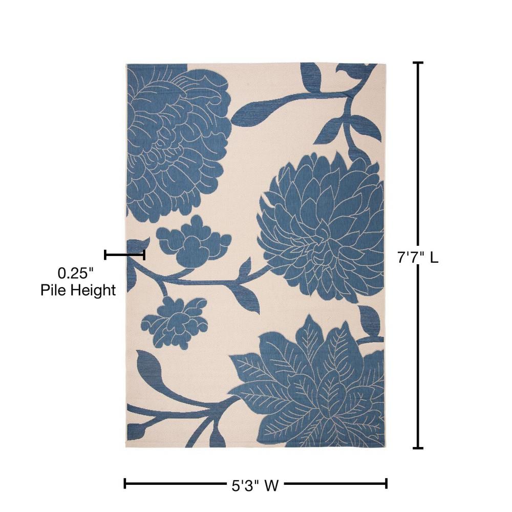 Beige and Blue Floral Synthetic 5' x 7' Area Rug