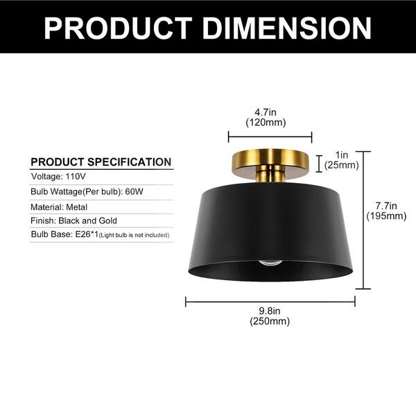 YANSUN 9.8 in. 1-Light Matte Black and Gold Bowl Semi-Flush