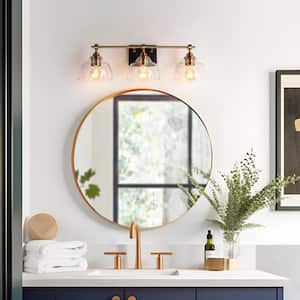 Lainanger Modern 24.5 in. 3-Light Vanity Light Black and Plated Brass Bathroom Wall Light with Clear Bell Glass Shades