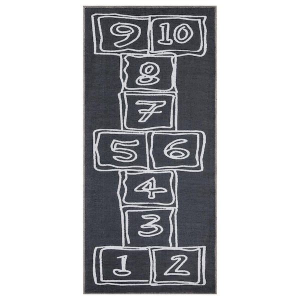 Ottomanson Non Shedding Washable Wrinkle-free Cotton Flatweave Abstract Hopscotch 3x6 Kid's Room Play Mat, 2 ft. 7 in. x 6 ft.,Grey