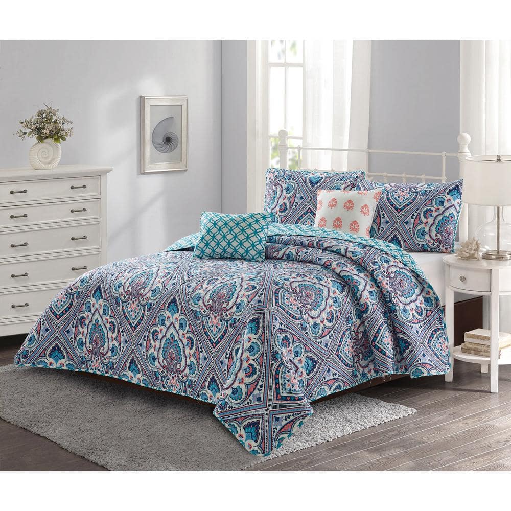 Merriam 5-Piece Blue Microfiber King Quilt Set