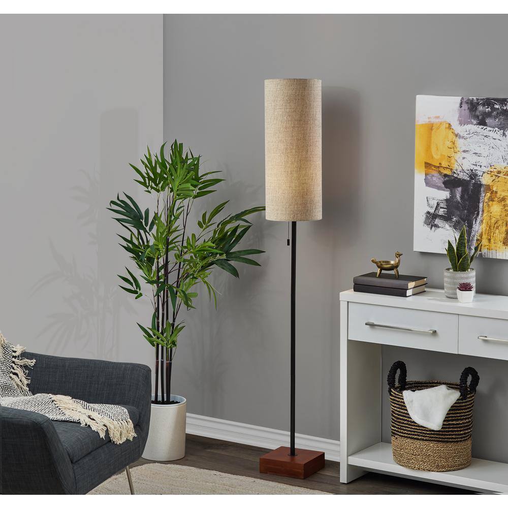 Modern Black and Walnut Floor Lamp with Textured Fabric Shade