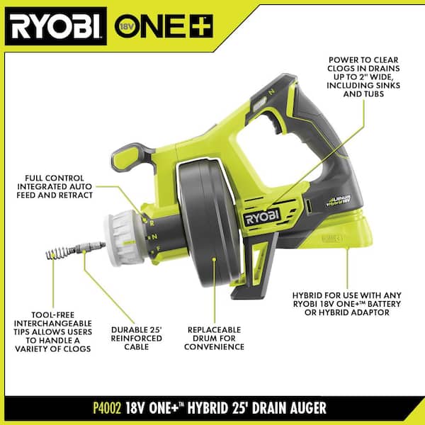 RYOBI ONE+ 18V Hybrid Drain Auger Kit with 50 ft. Cable, 2 Ah Battery, 18V  Charger, and Accessories P4003K - The Home Depot