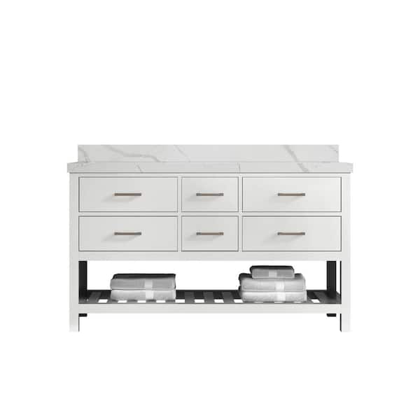 Willow Collections Parker 60 in. W x 22 in. D x 36 in. H Double Sink Bath Vanity in White with 2 in. Calacatta Quartz Top