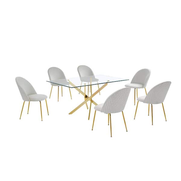 Best Quality Furniture Olly 7-Piece Tempered Glass Top Gold Cross Legs Base Dining Set Cream Velvet Fabric Chairs Set Seats 6