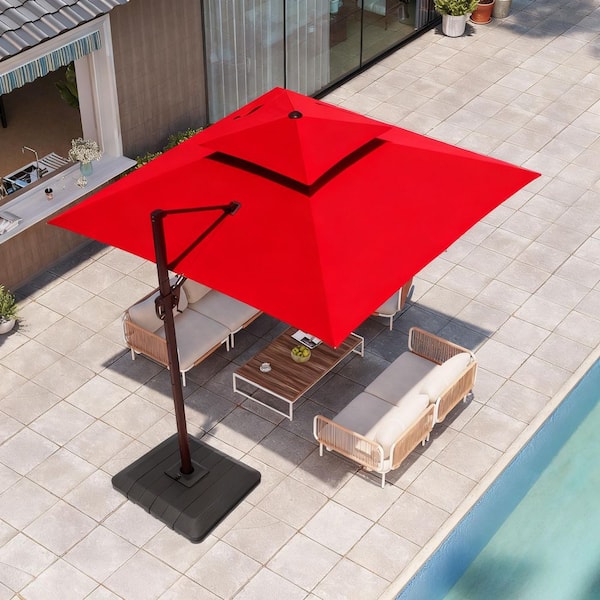 Pellebant 9.5 ft. x 9.5 ft. Aluminium 360° Rotation Offset Cantilever Patio Umbrella in Red and 240 lbs. Stand Fillable Base