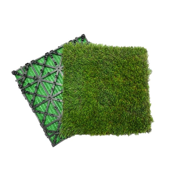 YOFE 1 ft. x 1 ft. Composite Artificial Grass Turf Interlocking Deck Tiles Self-draining in Dark Green(35 per Case)