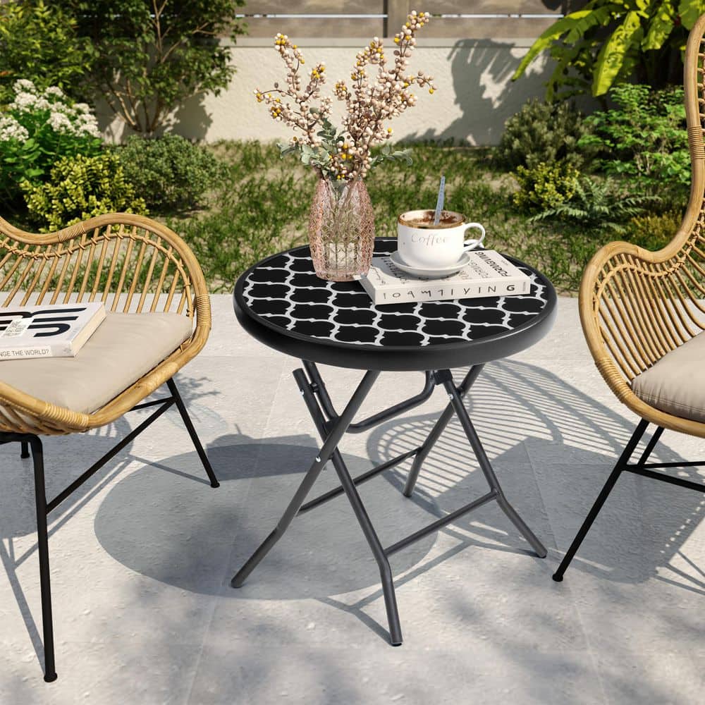 Round Patio Foldable Metal Glass Outdoor Side Table in Black & White pattern (2-Pack) price history on PriceWatchPro