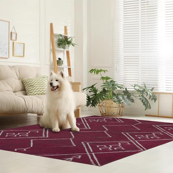Aspen Burgundy Creme 4 ft. x 6 ft. Machine Washable Tribal Moroccan Bohemian Polyester Non-Slip Backing Area Rug