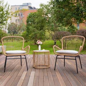 Light Brown 3-Piece PE Rattan Wicker Conversation Set Outdoor Armchairs Lounge Chairs with Table and White Cushions