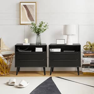 Leslie Mid-Century Modern Black 2-Drawer Nightstand with Built-In Outlets (Set of 2)