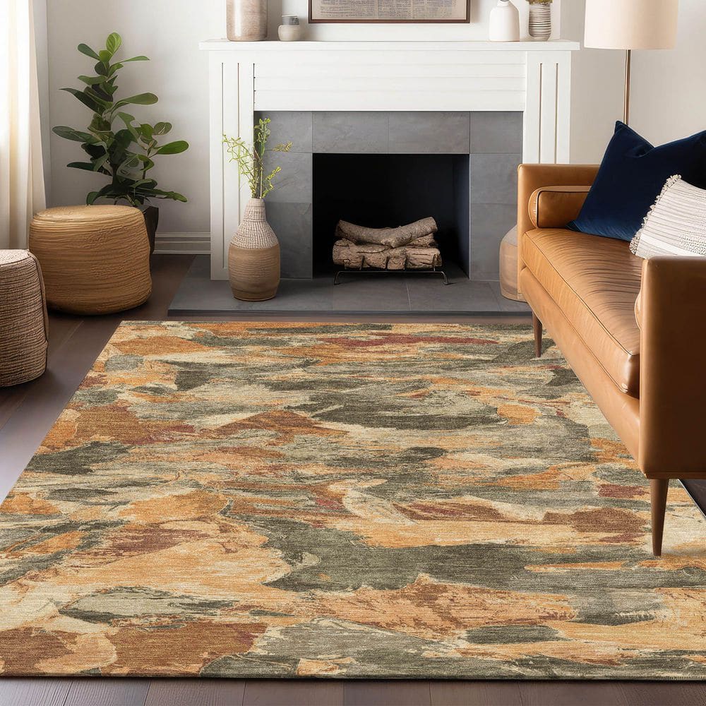 Copper Red Abstract Washable 3' x 5' Synthetic Rug