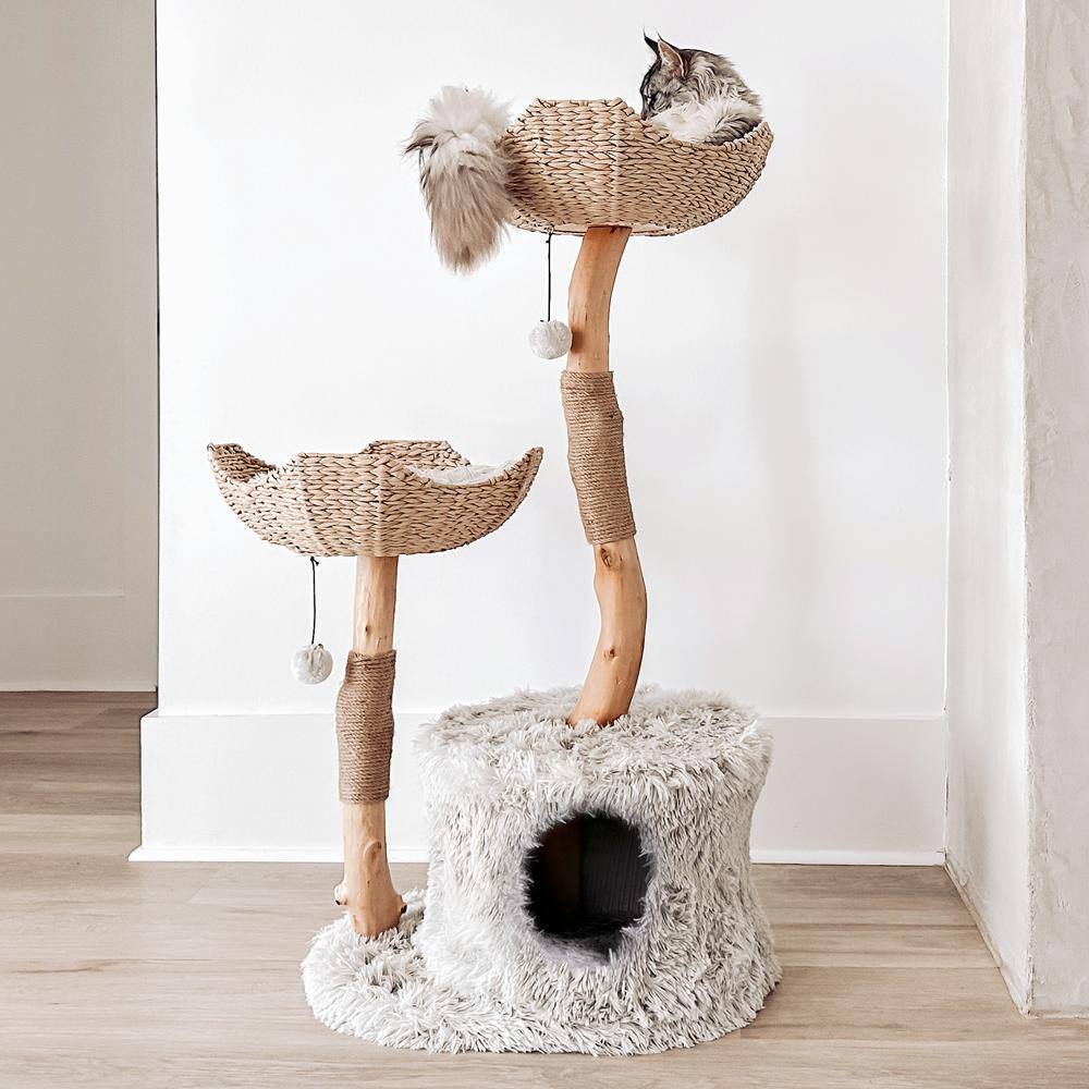Handmade Grey Woven Rattan and Wood Cat Tree