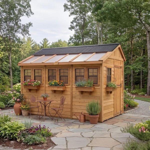 Sunshed 8 ft. W x 12 ft. D Cedar Wood Garden Shed with Metal Roof (96 sq. ft.)