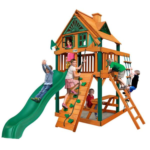 Gorilla Playsets Chateau Tower Treehouse Wooden Playset with Timber ShieldPosts, Rock Climbing Wall, and Alpine Wave Slide