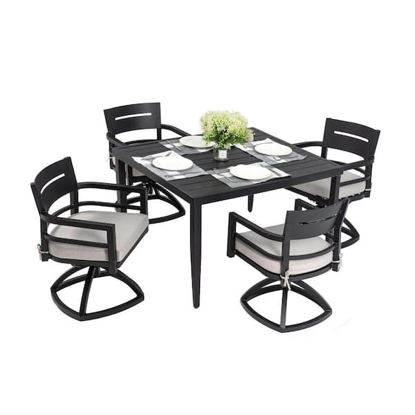 Modern 5-Piece Swivel Aluminum Outdoor Dining Set with White Cushions and Square Dining Table