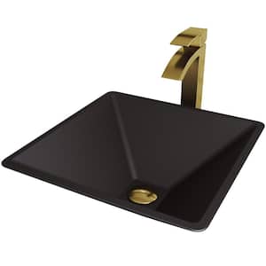 Matte Shell Serato Glass Square Vessel Bathroom Sink in Black with Duris Faucet and Pop-Up Drain in Matte Gold