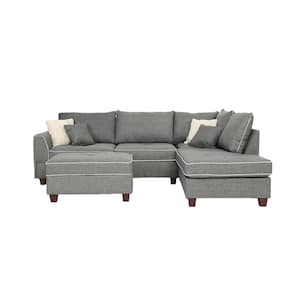 105 in. 3-Piece Square Arm Fabric 6-Seater L-Shaped Sectional Sofa with Wood Legs in Gray
