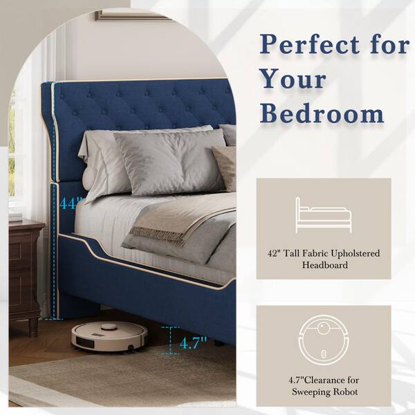 Nestfair Blue Wood Frame King Size Upholstered Platform Bed with