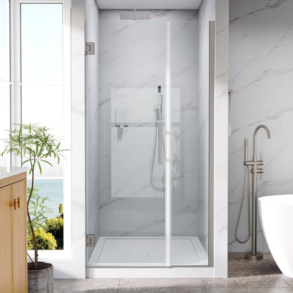 "UNIFIT 36-37 in. W x 72 in. H Hinged Frameless Shower Door in Brushed Nickel with 3/8"" SGCC Clear Tempered Glass" price history on PriceWatchPro