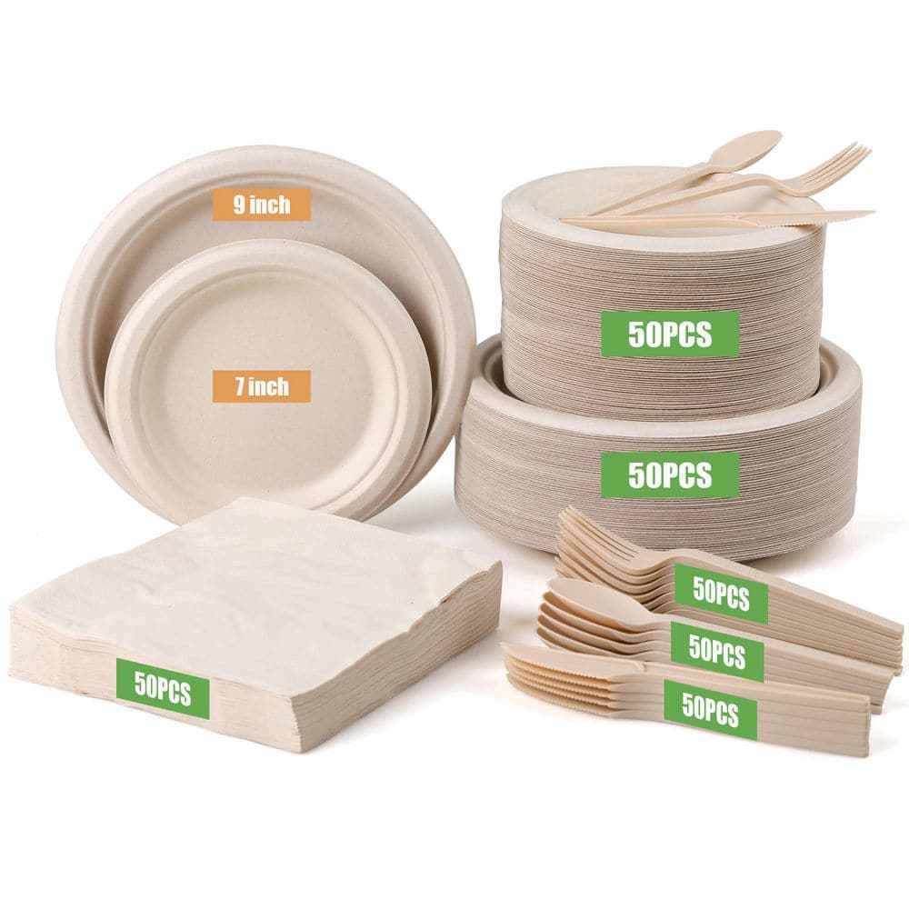 300-Piece Compostable Sugarcane Paper Plates and Cornstarch Cutlery Set for 50 Guests, Heavy Duty Eco-Friendly price history on PriceWatchPro