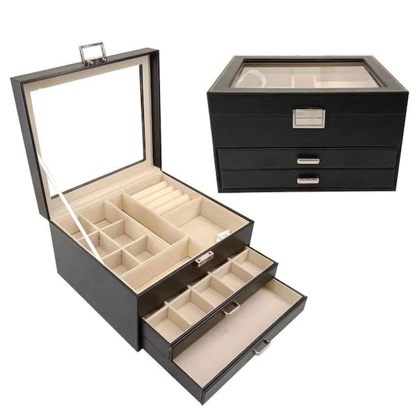 Black 3 Layers Rectangular Clear Lid Jewelry Box with 2 Drawers