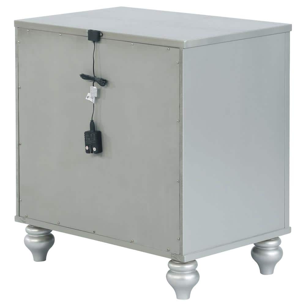 Silver Metallic 2-Drawer Nightstand with Crystal Knobs