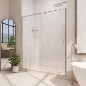 Flex 60 in. x 72 in. Semi-Frameless Pivot Shower Door in Brushed Nickel Finish with 60 in. x 34 in. Base in Biscuit