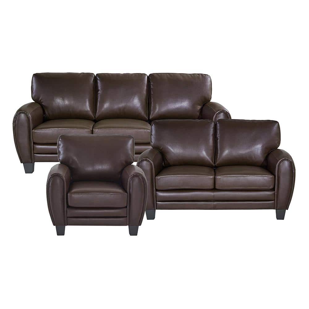 Viggo 85 in. W Round Arm Faux Leather Rectangle 3-Piece Living Room Sofa Se