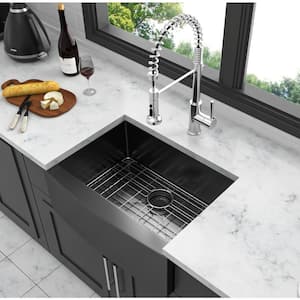 24 in. Farmhouse/Apron-Front Single Bowl 16 Gauge Gunmetal Black Stainless Steel Kitchen Sink with Bottom Grids