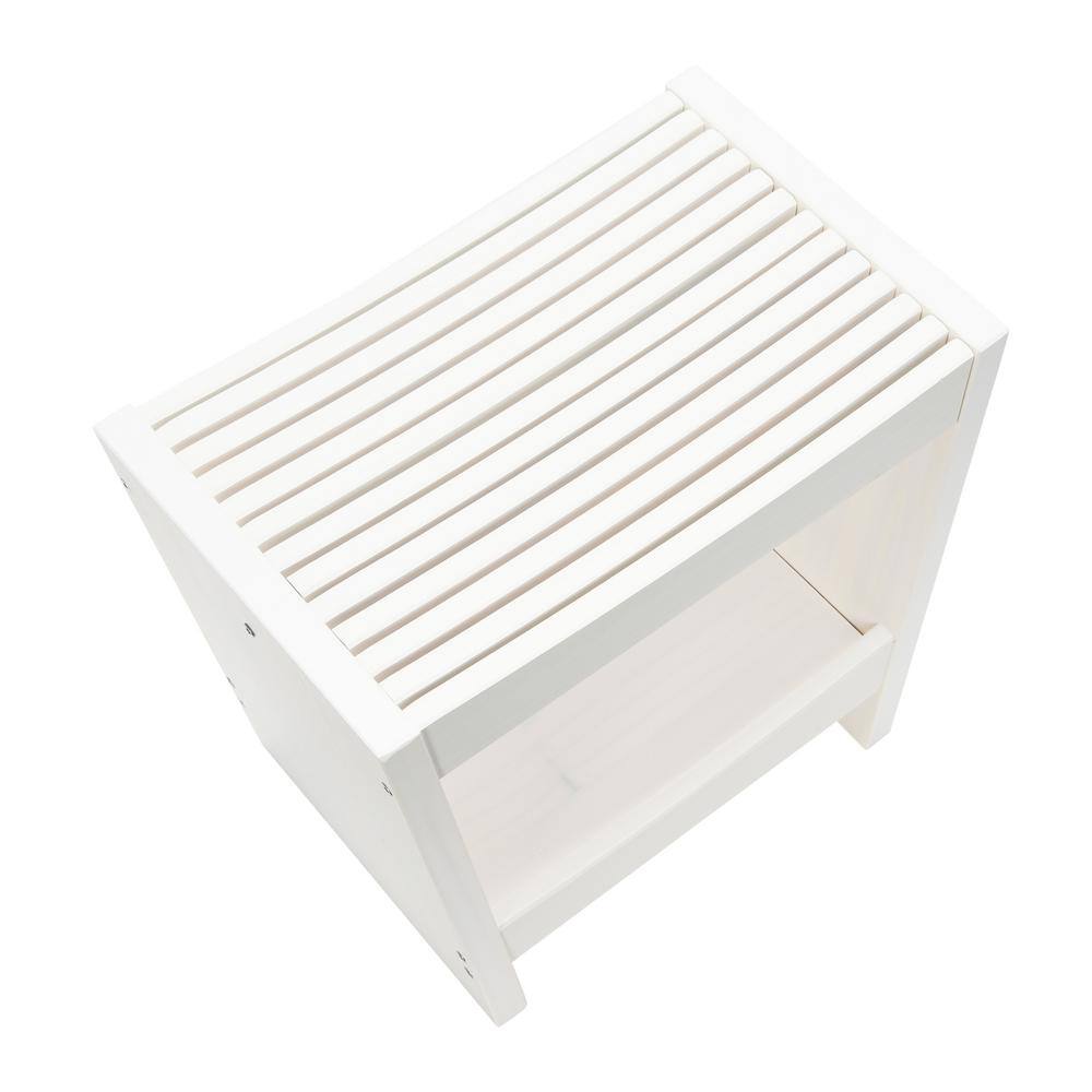 White Solid Wood Footstool with Storage Shelf