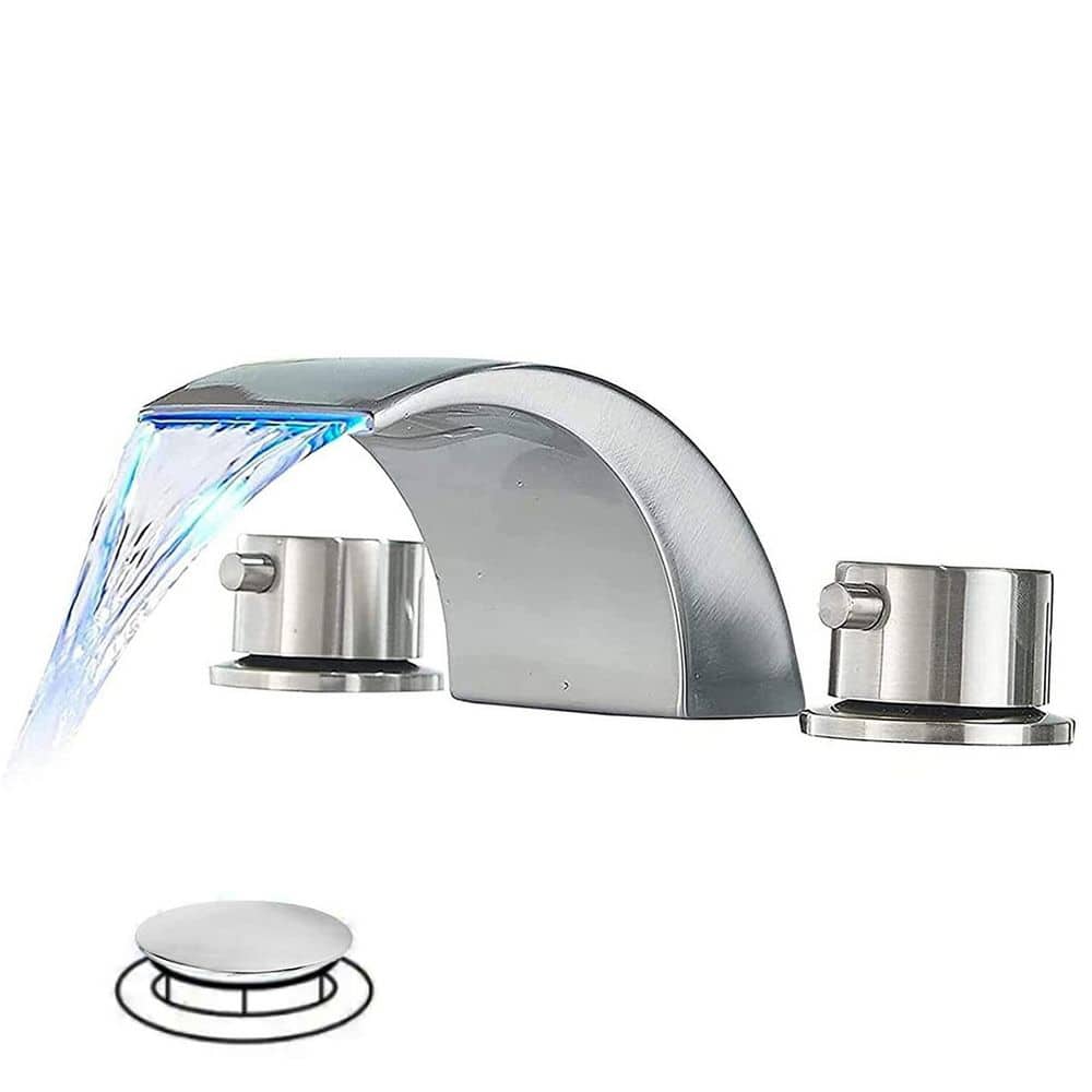 Brushed Nickel LED Waterfall Widespread Bathroom Faucet