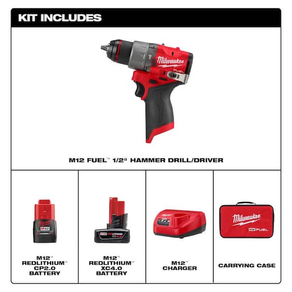 M12 FUEL 12V Lithium-Ion Brushless Cordless 1/2 in. Hammer Drill Kit with 4.0 Ah and 2.0 Ah Battery and Soft Case