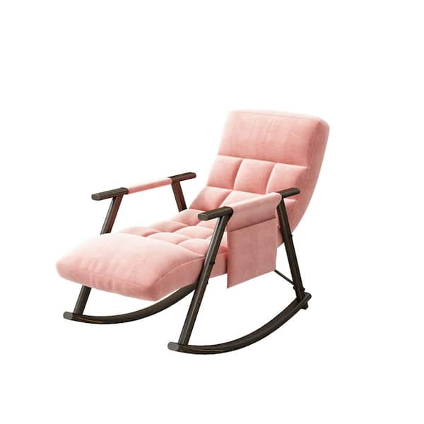 Sudzendf Pink Modern Velvet Folding Metal Outdoor Rocking Chair with Adjustable High Back and Foot Rest