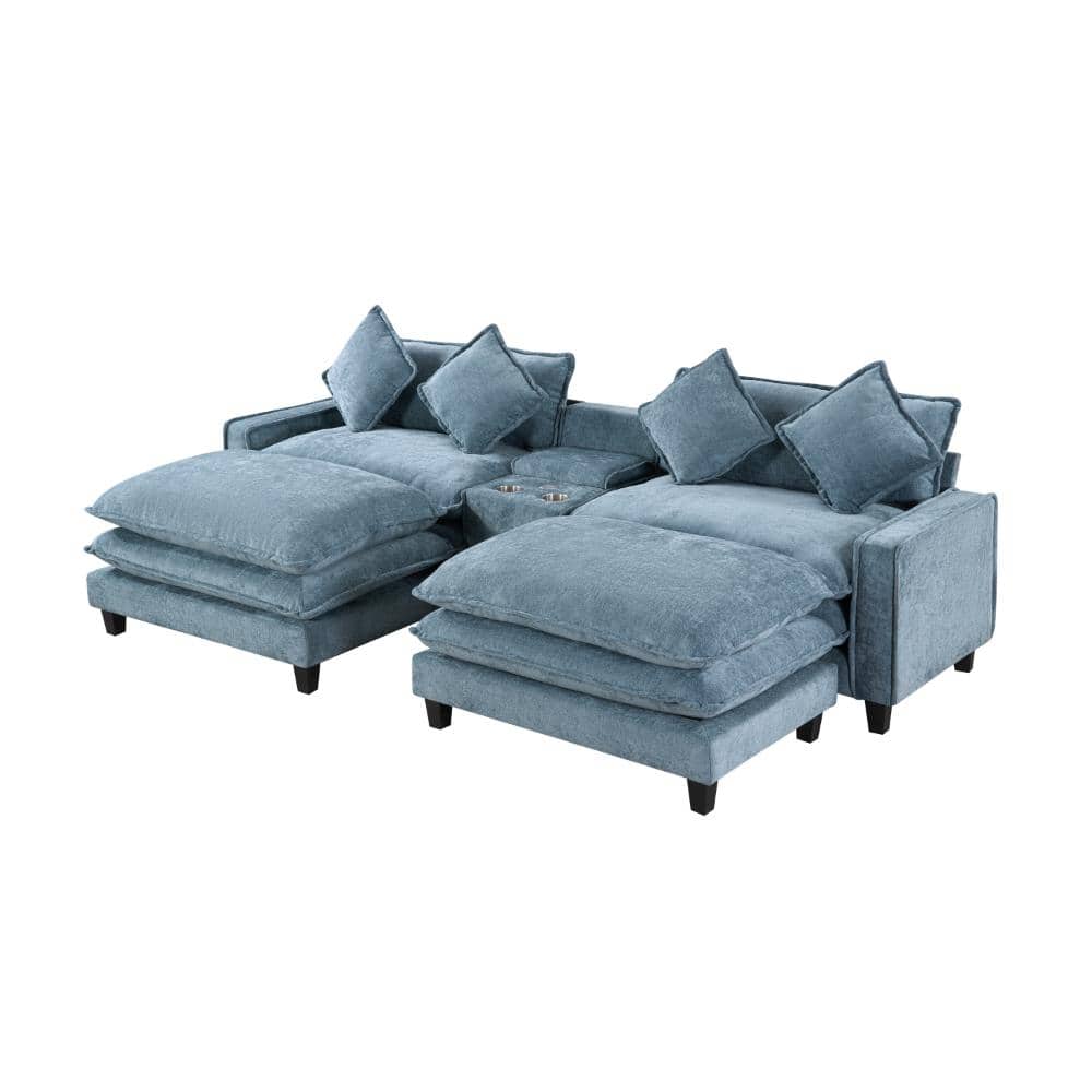 111 in. W Square Arm 5-piece Chenille Sectional Sofa in Light Blue with USB Ports,Two Cup Holders and Large Storage Box price history on PriceWatchPro