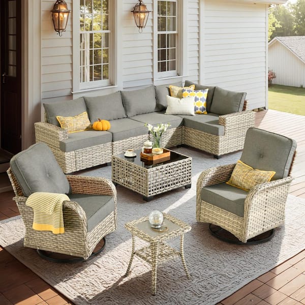 HOOOWOOO Kelleys 9-Piece Wicker Modern Outdoor Patio Conversation Sofa Set with Swivel Chairs, a LED Table and Dark Grey Cushions